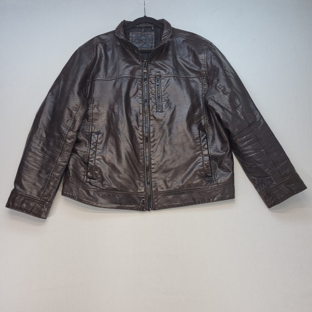 Calvin Klein Faux Leather Jacket Mens Large Brown Cafe Racer Quilted